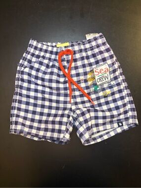 Boys checkered  Navy and white  trois moutons Swim Shorts with Red Drawstring